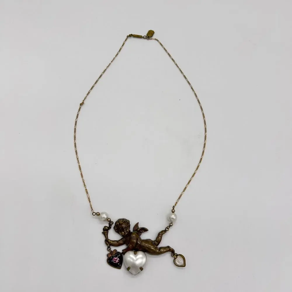 Vintage Piddly Links Cupid Angel Cherub Hearts Necklace Large Statement Boho